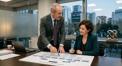 Consultor de headhunting analizando un organigrama corporativo junto al director general en una oficina.