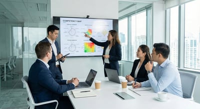 Equipo de consultores elaborando una medición del talento y un mapeo de competencias de manera independiente