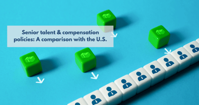 The photograph illustrates the concept of compensation policies and senior talent through a symbolic composition. A row of white cubes, each representing individuals or talent, aligns diagonally on a vibrant blue background. Four green cubes, displaying a growth or positive trend icon, are strategically placed around them, pointing with white arrows towards the line of talent.
