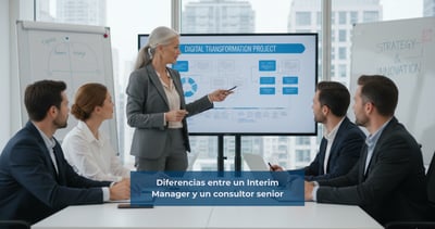 Imagen de ejecutivo/a liderando un proyecto de transformación empresarial. Conceptos clave: Interim Management, Consultoría Senior, Liderazgo Temporal, Ejecución Estratégica.