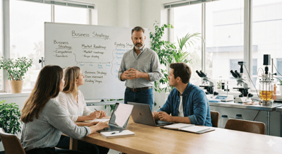 Mentor de una statup de tipo biotech trabajando en la estrategia, con un equipo