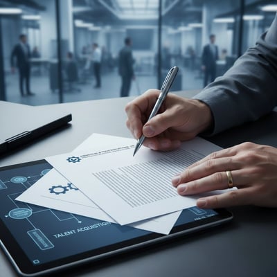 Primer plano de un ingeniero firmando un nuevo contrato laboral, simbolizando la rápida transición de talento entre empresas del sector industrial y la alta competitividad por perfiles técnicos.