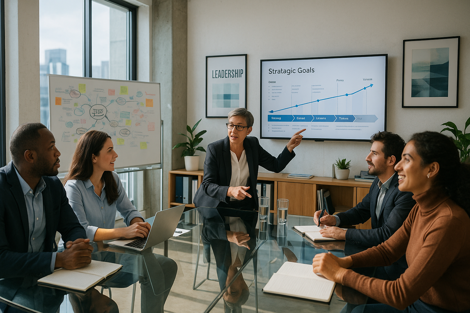 Grupo de ejecutivos en una reunion de negocios tratando temas de dirección y optimización de procesos con una Interim Manager