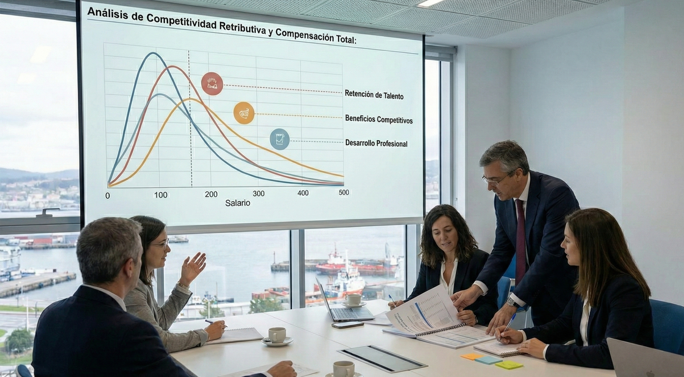 Un equipo de profesionales reunidos alrededor de una mesa revisando informes impresos sobre competitividad retributiva, en una oficina moderna con vistas al puerto industrial de Vigo de fondo
