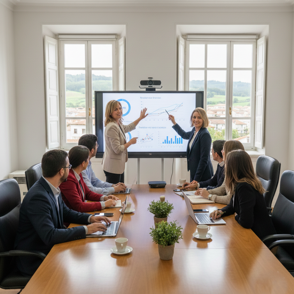 Una reunión de equipo en una sala de juntas luminosa. Están trabajando sobre una pantalla táctil o pizarra blanca. El enfoque está en la interacción diversa (hombres y mujeres de distintas edades).