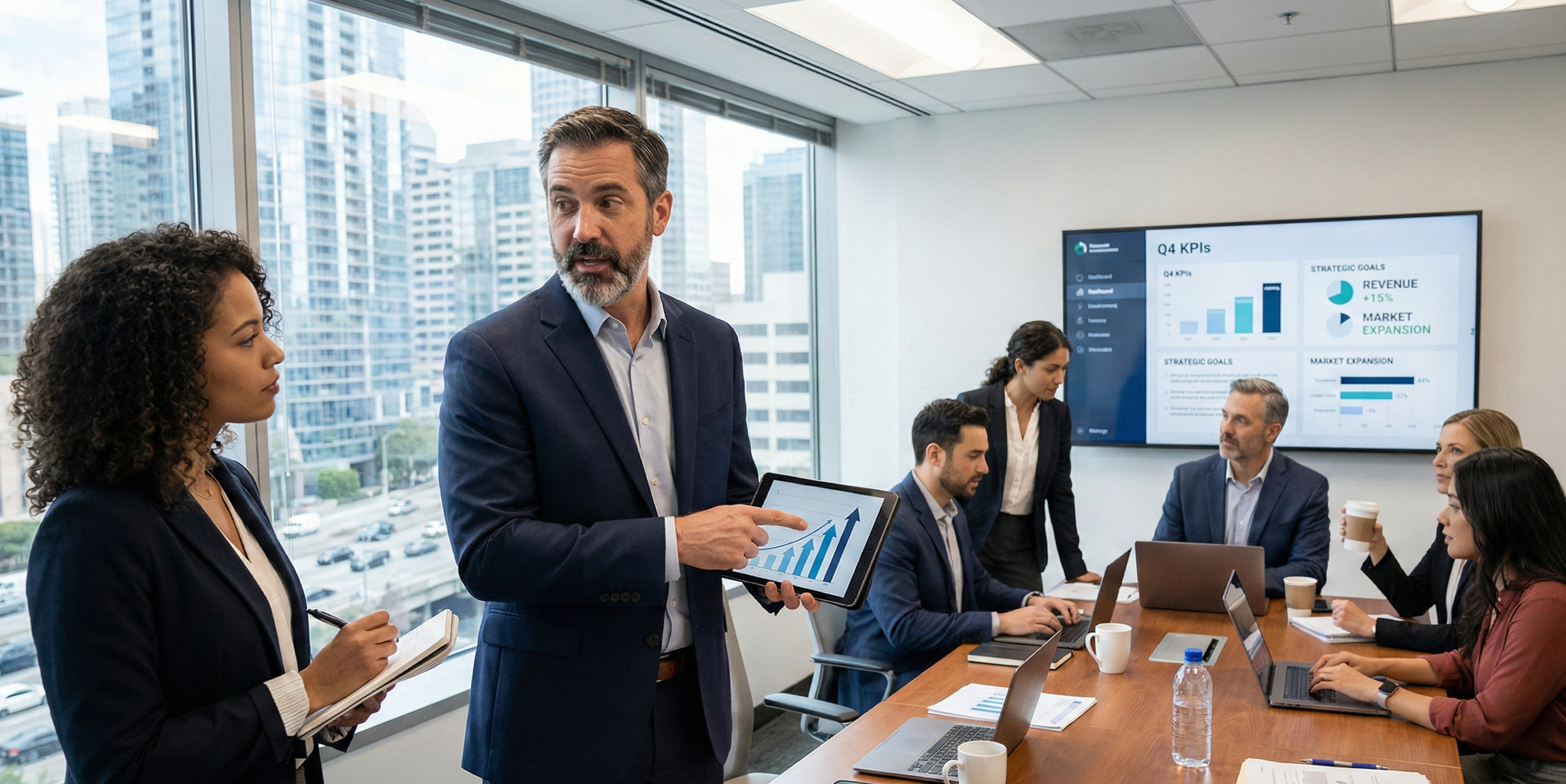 The image showcases a modern office environment, where a diverse group of professionals is engaged in a dynamic discussion. In the foreground, a middle-aged male Interim Manager, dressed in a tailored suit, gestures confidently while presenting data on a digital tablet. Beside him, a young female executive takes notes, her expression focused and engaged. In the background, a large screen displays key performance indicators (KPIs) and strategic goals, emphasizing a collaborative atmosphere. The room is well-lit, with contemporary furnishings and a large window offering a view of a bustling cityscape. Papers, coffee cups, and laptops are scattered around the sleek conference table, indicating a productive brainstorming session. Overall, the image conveys a sense of teamwork, professionalism, and strategic planning in action.