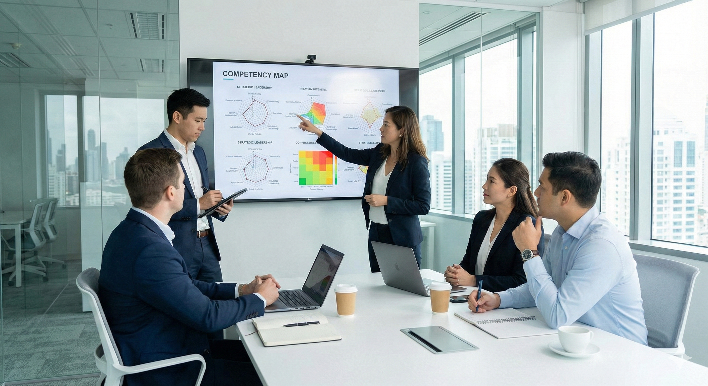 Equipo de consultores elaborando una medición del talento y un mapeo de competencias de manera independiente