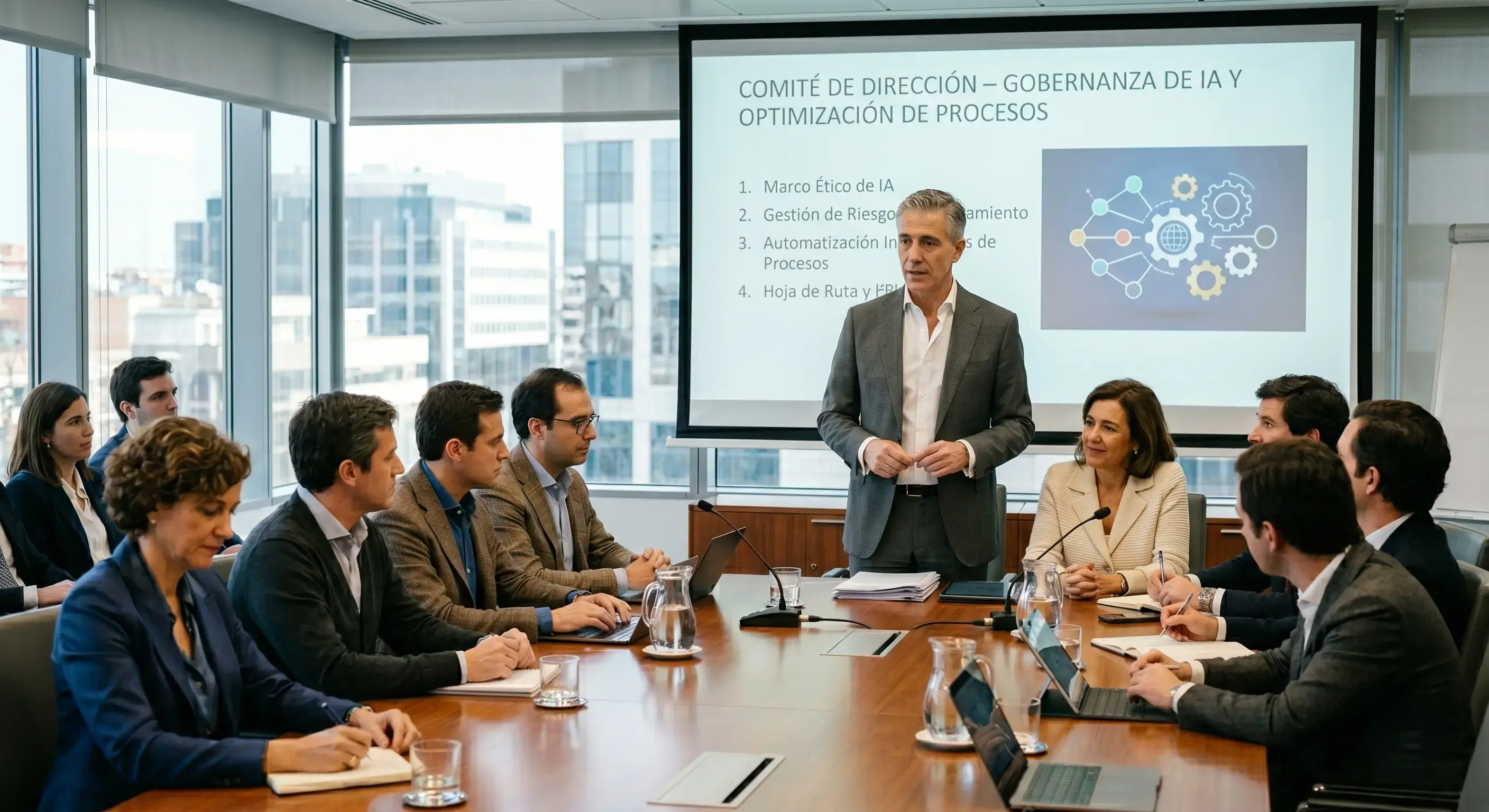 Directivo interim manager liderando una reunión de comité de dirección sobre gobernanza de inteligencia artificial y optimización de procesos.