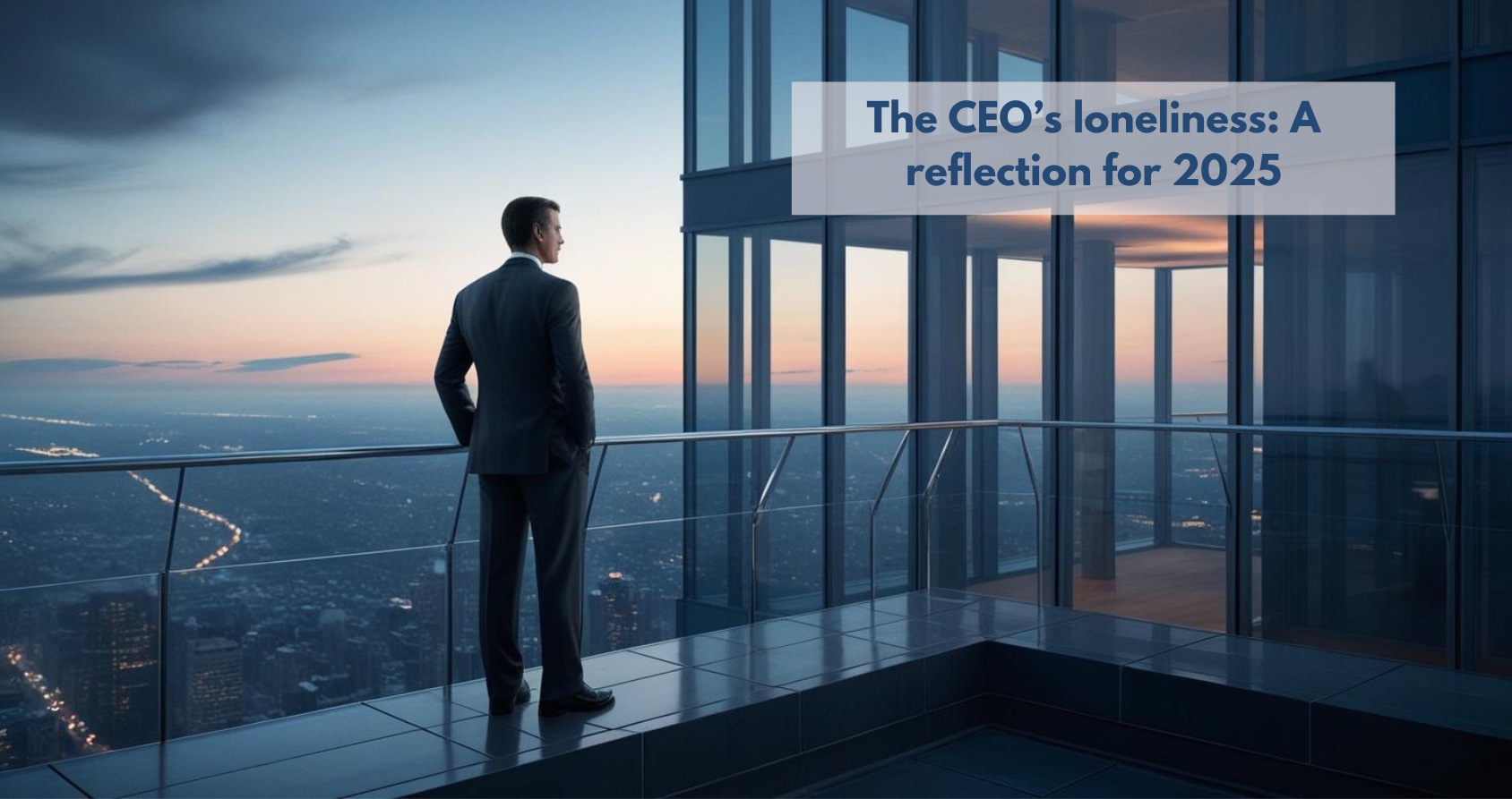 CEO reflecting in front of an urban landscape, representing introspection and strategic vision for the new year.