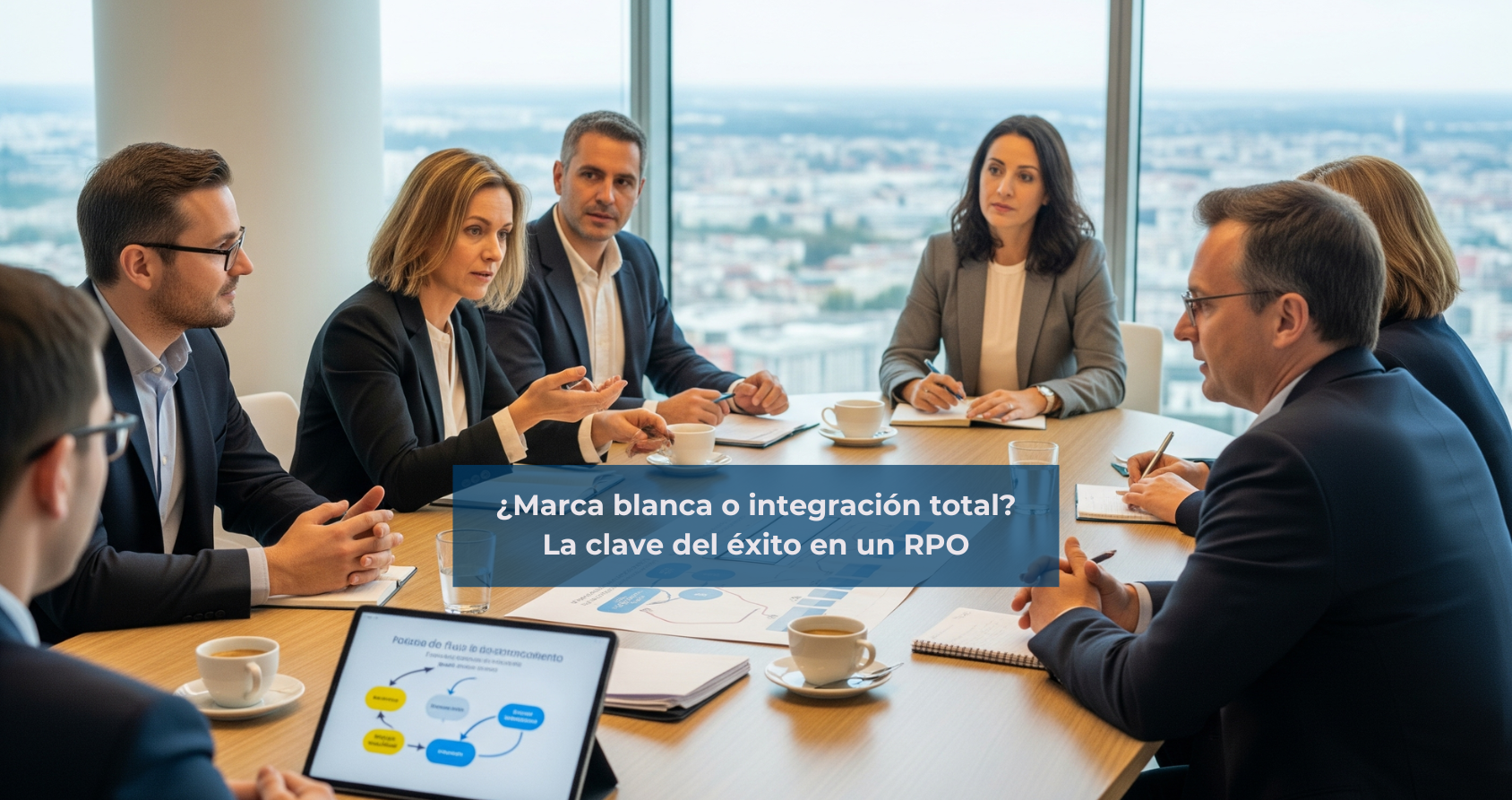 Reunión de consultores RPO con líderes de RR. HH. y CEO en un entorno de trabajo, simbolizando la integración total en la ejecución de la estrategia de reclutamiento.