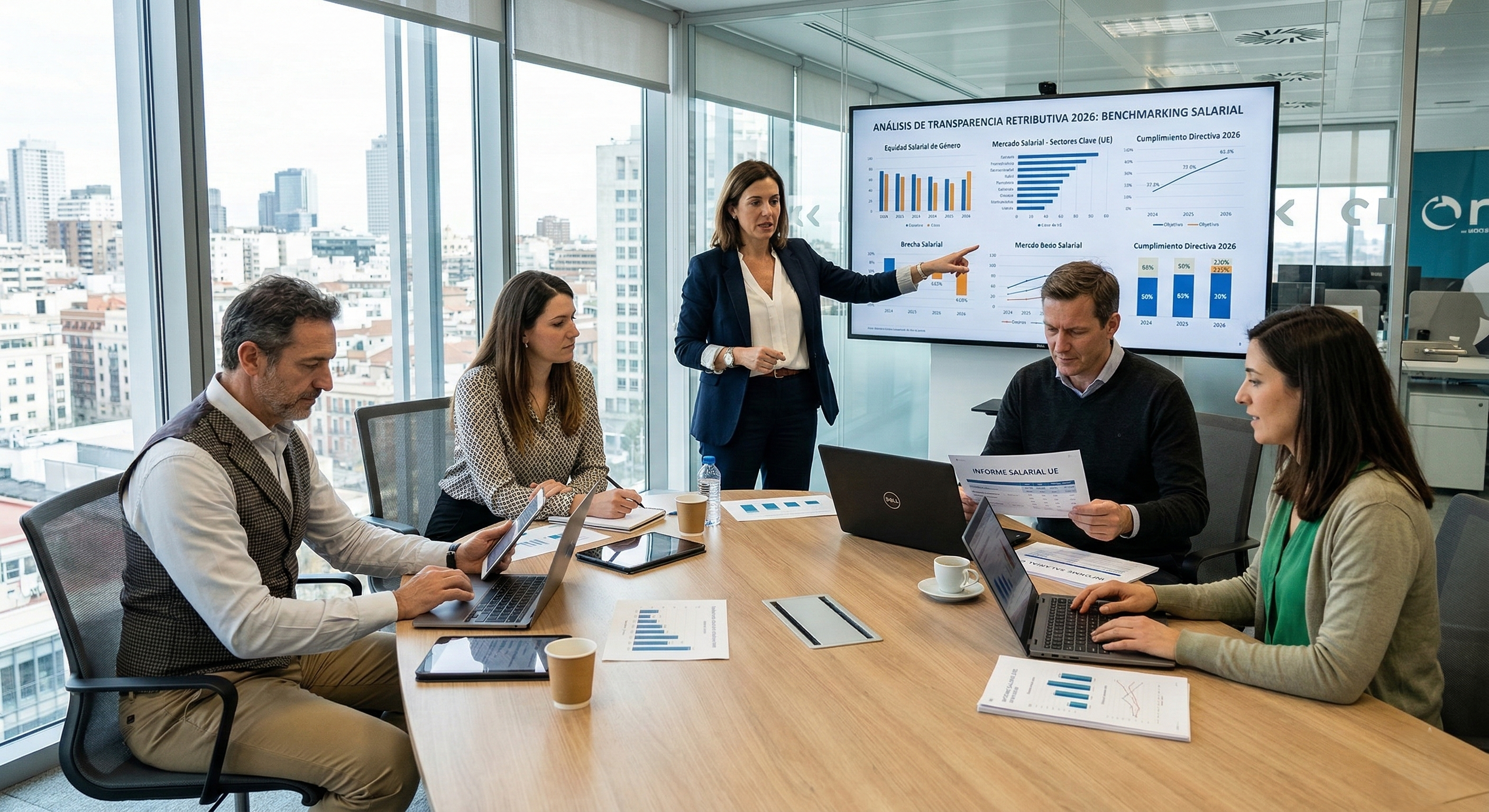 Directivos analizando datos de benchmarking salarial para cumplir la directiva europea de transparencia retributiva en 2026. 