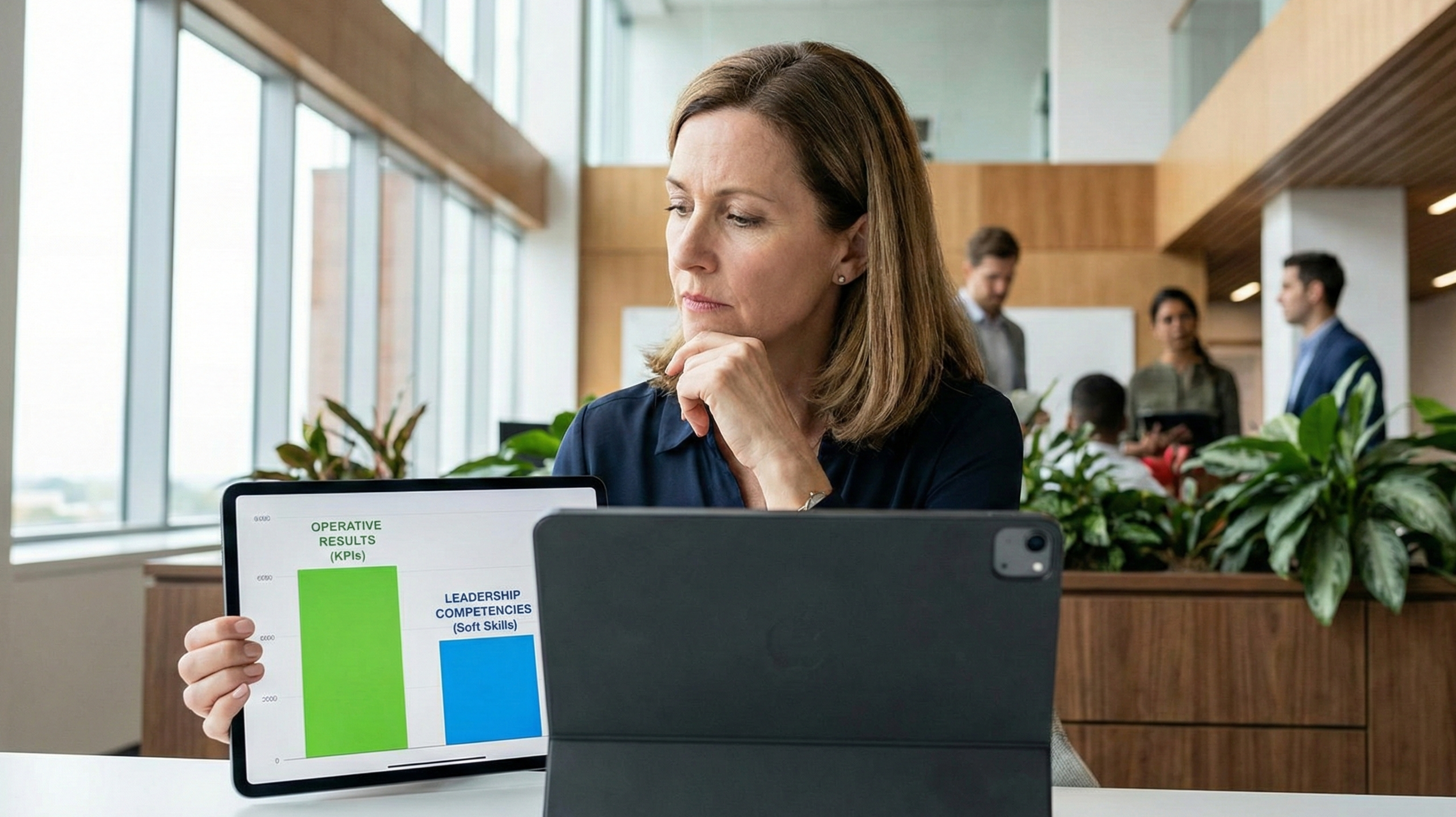 Una directiva de recursos humanos analizando un gráfico comparativo en una tablet que muestra la diferencia entre resultados operativos (KPIs) y competencias de liderazgo (Soft Skills) en una oficina moderna.
