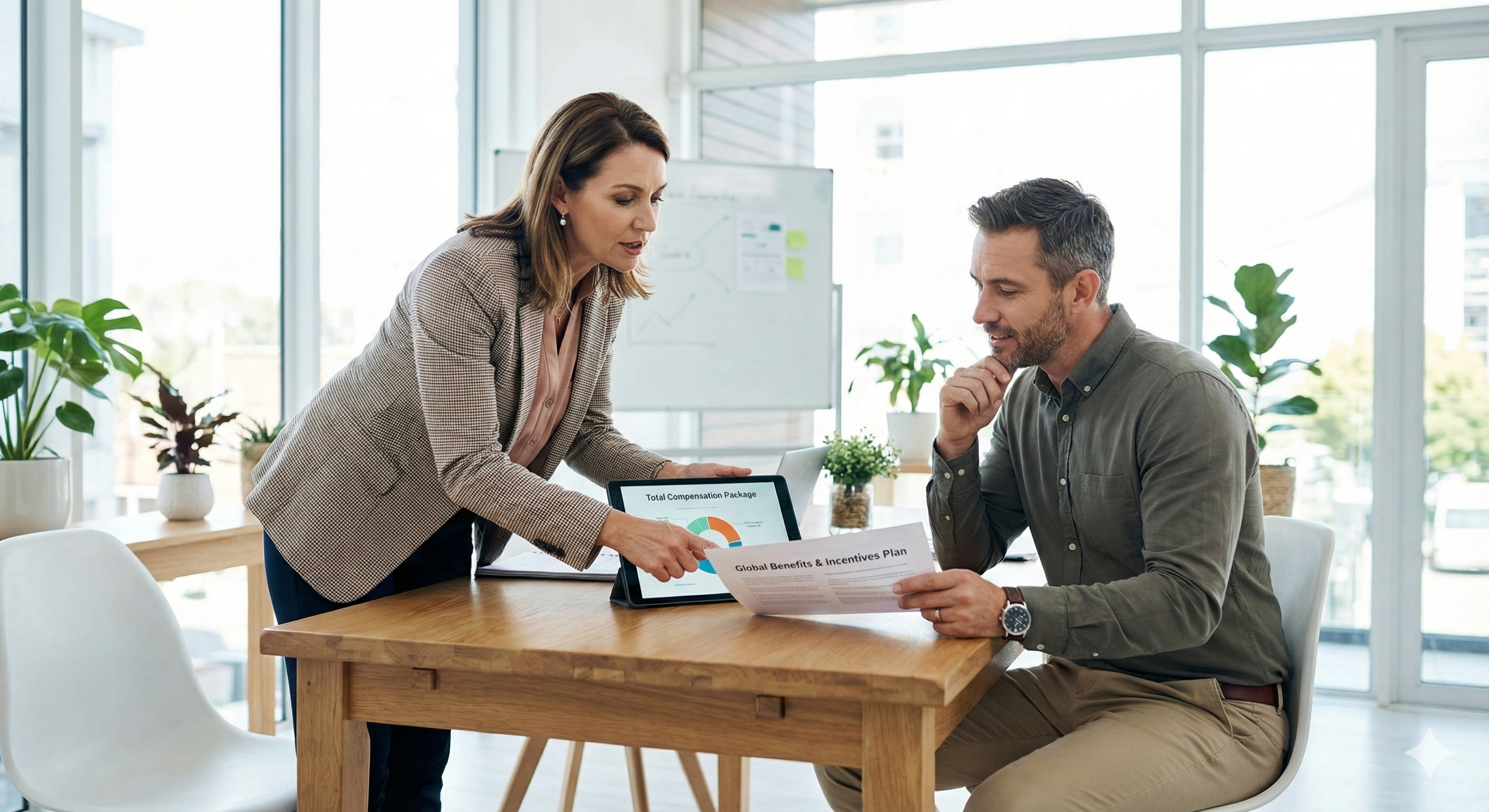 Directora de RRHH y ingeniero analizando su método de retribución gracias a un benchmarking salarial en una tablet con una planta industrial de fondo.