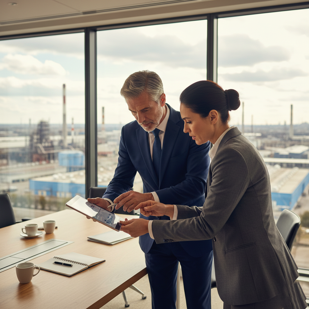 Un consultor senior (con una estética que denote experiencia) sentado en una mesa de reuniones moderna con una directiva. No están mirando a cámara, sino revisando una tablet con actitud colaborativa. De fondo, a través de un ventanal, se ve una zona industrial o un skyline corporativo desenfocado.