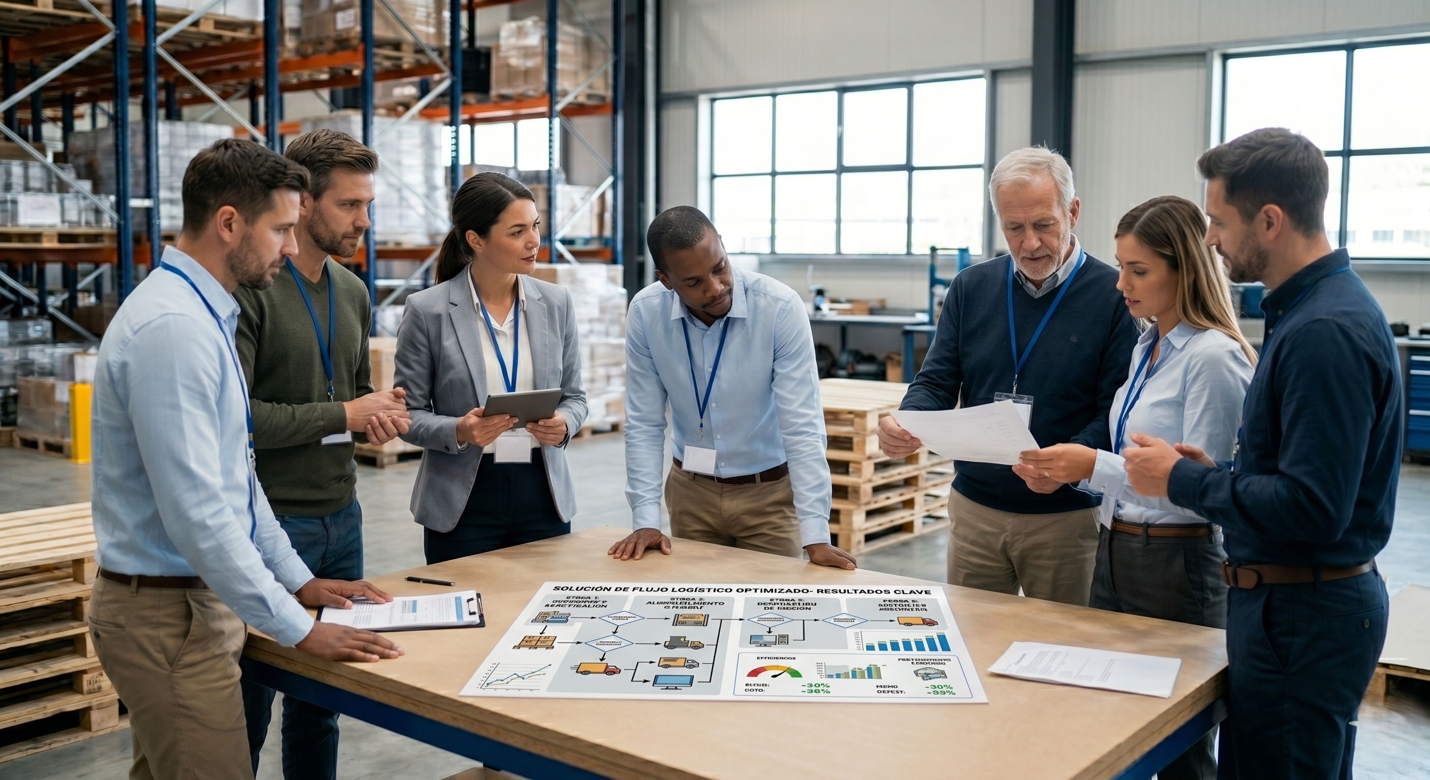Equipo directivo analizando un gráfico técnico de flujo logístico y KPIs en un almacén industrial.